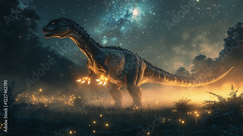 Therizinosaurus standing in a misty meadow under a brilliant starlit sky its massive claws glowing faintly as fireflies dance around it captured with a low light telephoto lens for magical ambiance photo