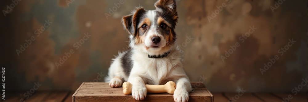 Fototapeta premium Cute dog resting with a bone on a wooden surface indoors