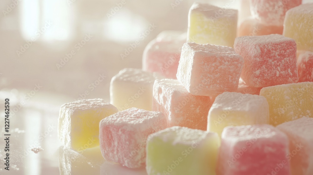 A beautiful close-up of Turkish Delight in pastel pink, green, and yellow hues, neatly placed on a white surface with plenty of room on the right for design or messaging