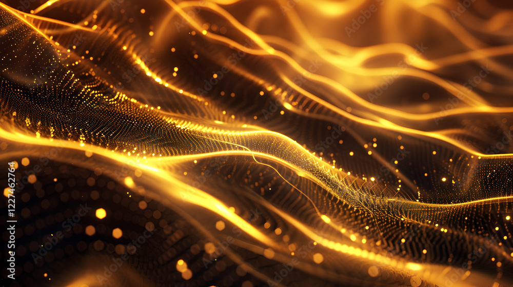 Fototapeta premium Abstract golden wave patterns with glowing particles and fluid motion.