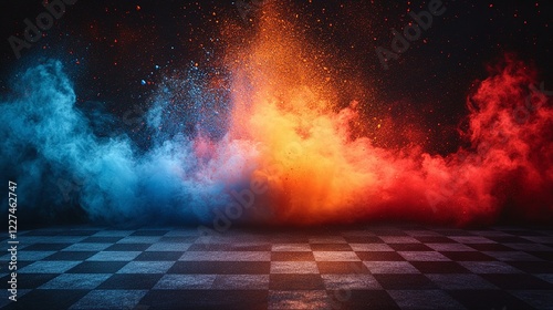 background with colored smoke and checkerboard pattern 