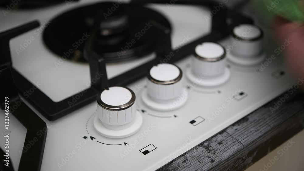 Cleaning a gas hob with a green cloth in a modern kitchen. Cleaning a gas hob with a green cloth in a modern kitchen.