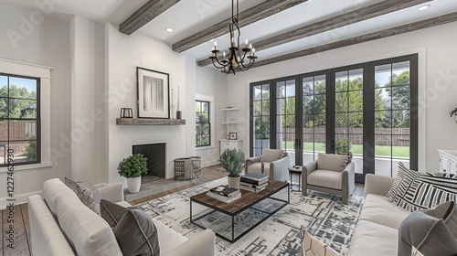 Modern living room with stylish furniture, large windows, and greenery outside, inviting atmosphere