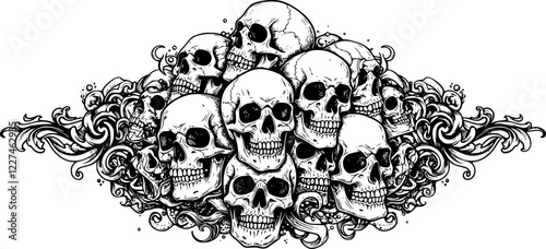 A pile of skulls human skulls with many shaped background tattoo hand drawing vectors art lines
