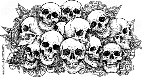 Skulls piled up in horrific places vector art background
