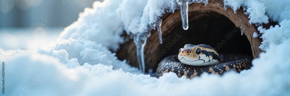 Fototapeta premium Snake resting in a snowy burrow with icicles hanging