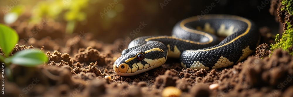 Fototapeta premium Black and yellow snake resting on forest soil with sunlight