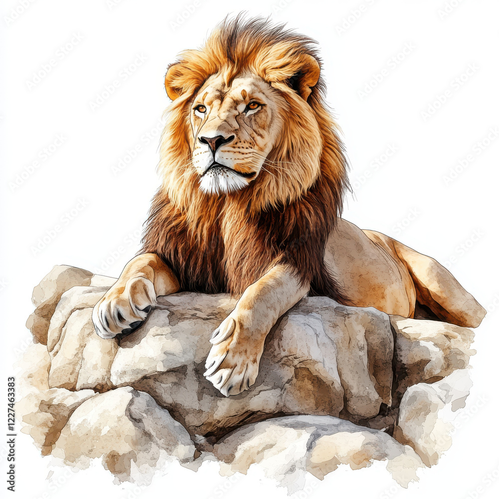 Obraz premium Majestic lion resting on rocks, showcasing detailed fur and strong features. This watercolor illustration captures essence of wildlife beauty and strength