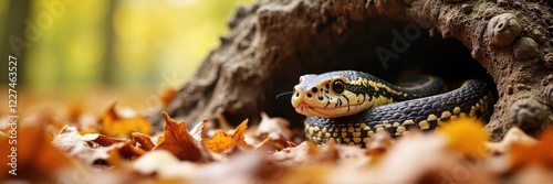 Snake emerging from a burrow among autumn leaves photo