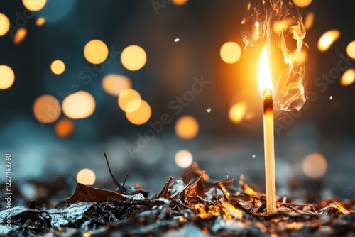 A single lit match in a dark forest, especially emphasizing its light and fragility