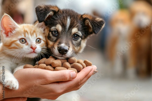 A volunteer at an animal shelter, feeding stray dogs and cats using donated pet food, surrounded by happy animals