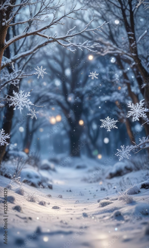 Snowy winter scene with glittering snowflakes and bokeh effect in a cold and frosty atmosphere, frosty, shimmering, intricate Snowy winter scene with glittering snowflakes and bokeh effect in a cold and frosty atmosphere, frosty, shimmering, intricate