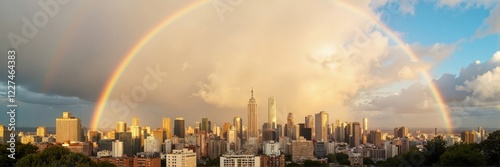 Full rainbow over modern city skyline after storm