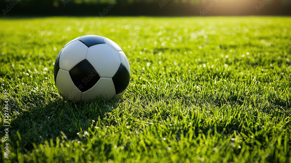 Fototapeta premium Classic Black and White Soccer Ball on Lush Green Grass Under Evening Sunlight