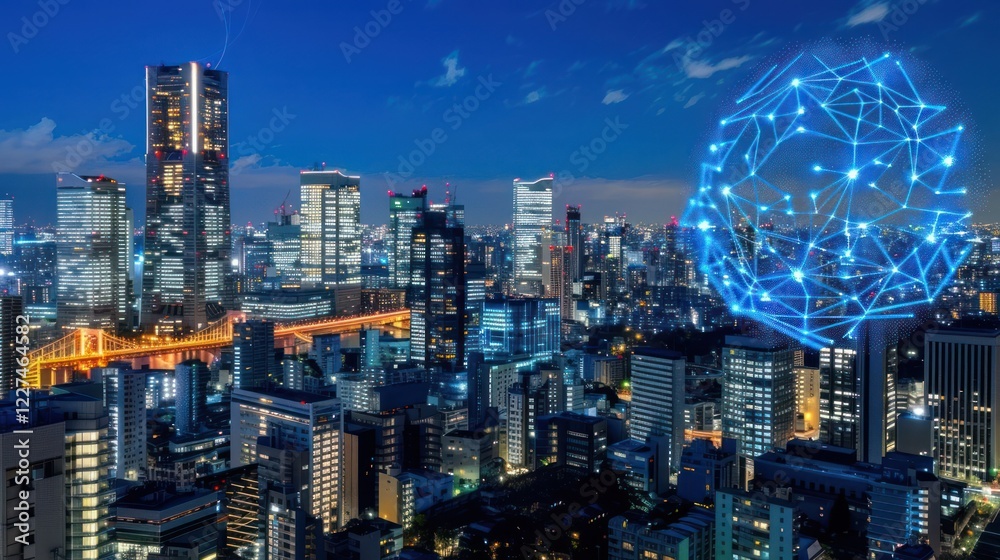 Futuristic city skyline at night with digital network overlay, showcasing urban innovation Futuristic city skyline at night with digital network overlay, showcasing urban innovation