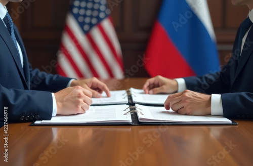 close-up of hands of two diplomats against background of US and Russian flags