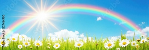 Rainbow and sunshine over green meadow with daisies