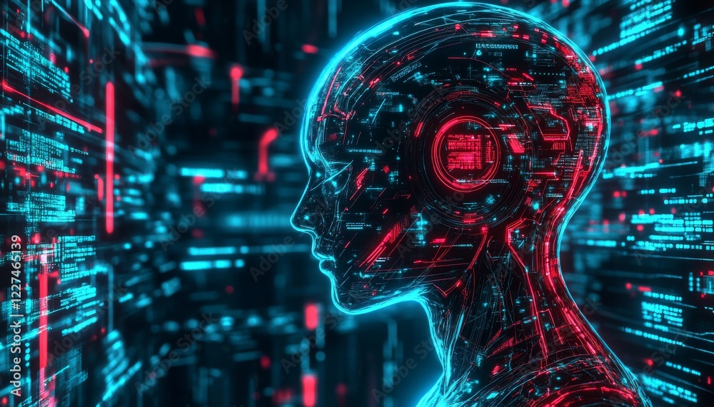 Tech humanoid artificial intelligence neon background Tech humanoid artificial intelligence neon background