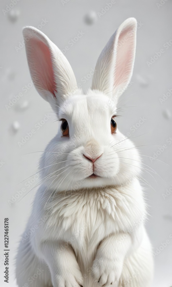 Snowy white rabbit in a cute pose on a white background, cute, snowy