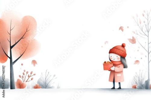 A whimsical watercolor illustration of a child giving food to an elderly person in a park, with delicate pastel shades and a heartfelt atmosphere photo