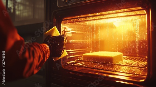 Cleaning an oven with a sponge under warm light photo