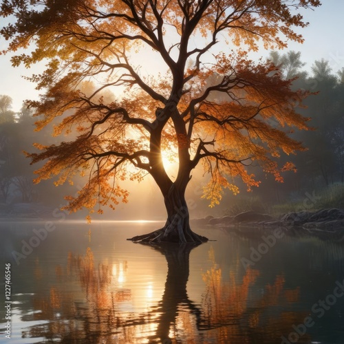 Morning light dances through the branches of a tree as a lone swing gently sways above a quiet reservoir, quiet, scenery