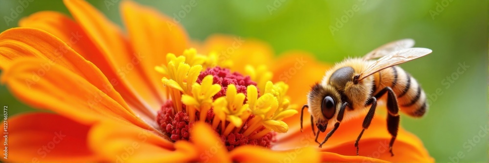 Honeybee gathering nectar from orange flower in close-up Honeybee gathering nectar from orange flower in close-up