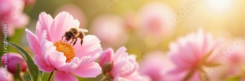 Bee collecting nectar from pink cosmos flower in sunlight