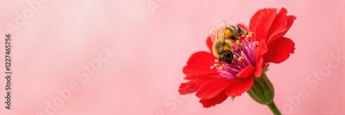 Bee on red flower with pink blurred background and copy space