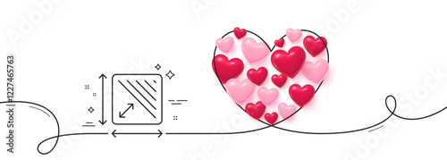 Square area line icon. Continuous line big heart. Room dimension sign. Territory measurement symbol. 3d hearts in heart shaped loop. Square area single line ribbon. Loop curve pattern. Vector