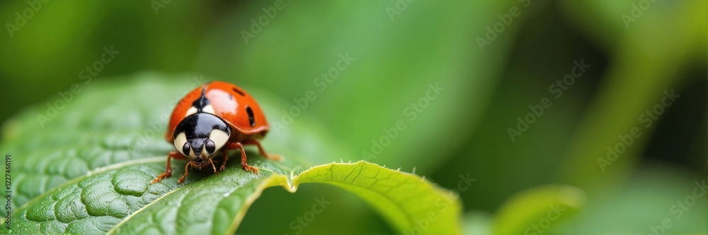 Fototapeta premium Ladybug resting on a green leaf, detailed macro shot