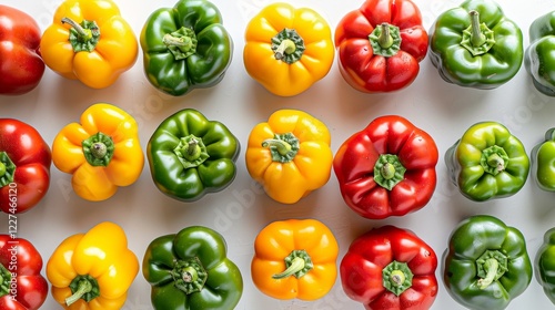 capsicum arranged in rows and top view on white background