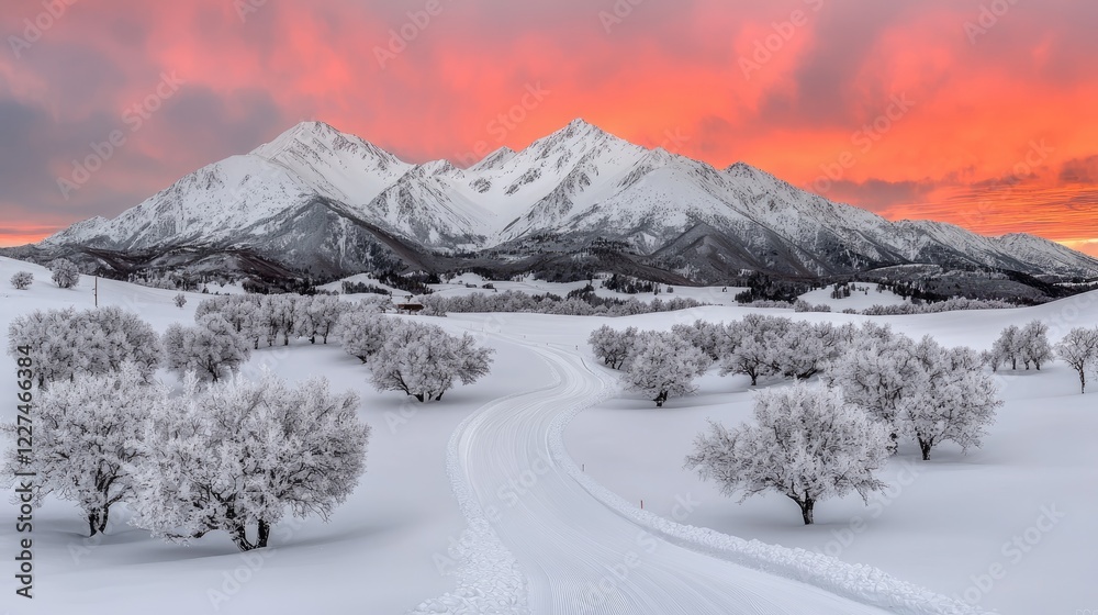 Obraz premium Snowy mountain sunrise landscape, winding road, winter trees. Use travel brochure