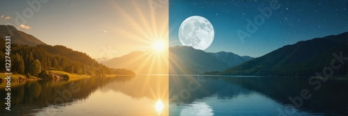 Mountain lake divided into day and night, surreal nature scene
