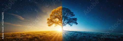 Lone tree in a split day and night landscape, surreal nature