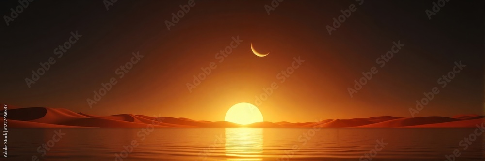 Naklejka premium Crescent moon over desert at sunset, peaceful and mystical