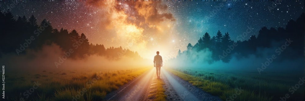 Obraz premium Lone traveler walking towards glowing light on a surreal path