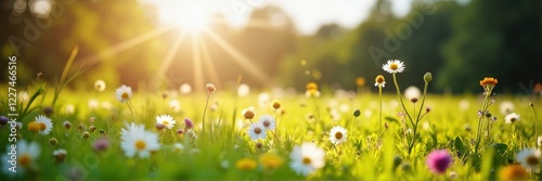 Sunlit wildflower meadow in the morning, bright and fresh