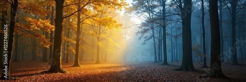 Forest split between autumn and winter, seasonal transition