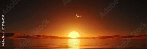 Crescent moon over desert at sunset, peaceful and mystical