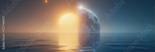  Half sun and moon reflection on ocean, cosmic balance