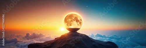  Rising full moon above mountain peak at sunrise, surreal view