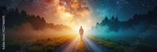  Lone traveler walking towards glowing light on a surreal path