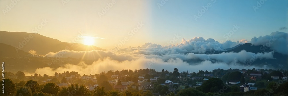 Fototapeta premium Mountain village at sunrise with clouds rolling over hills