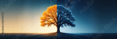 Tree in a split landscape of autumn and winter, symbolic transition