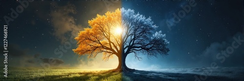 Vibrant tree in a split landscape of summer and winter, symbolic change