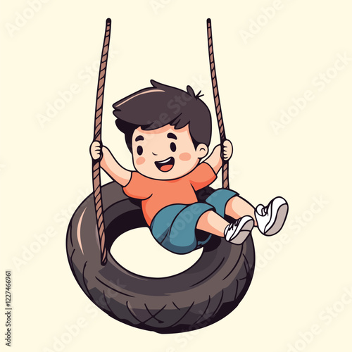 Happy boy is swinging on rubber tire