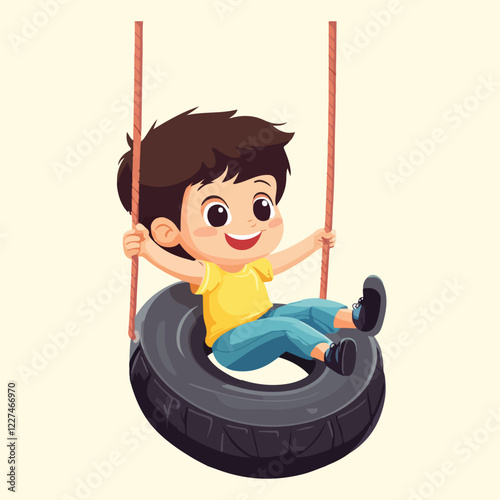 Happy boy is swinging on rubber tire