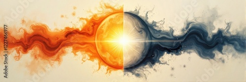 Abstract fiery and cool energy swirling around a divided sun