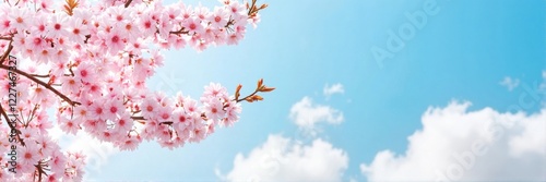Cherry blossom branch against a blue sky, spring floral background